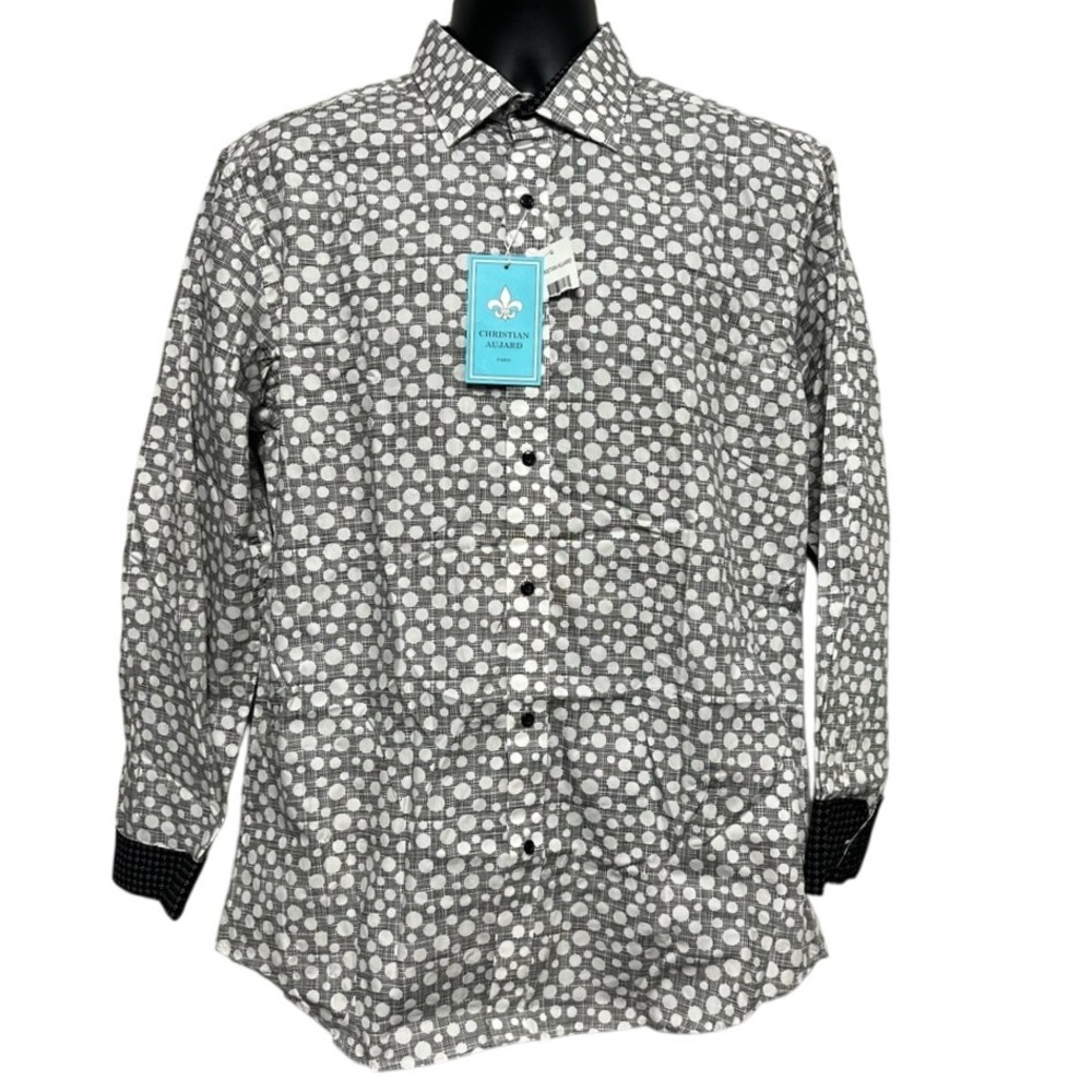 NWT Christian Aujard‎ Men's Medium Button-Up Shirt Black White Dot Print